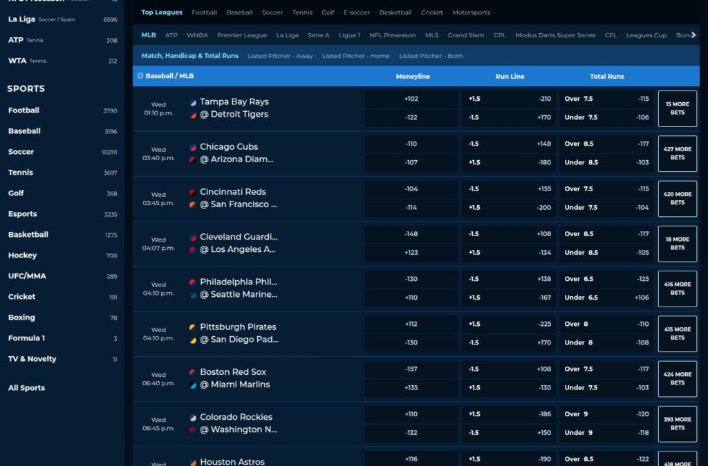 NorthStar Bets Ontario sportsbook lobby showing MLB moneyline, run line and total runs