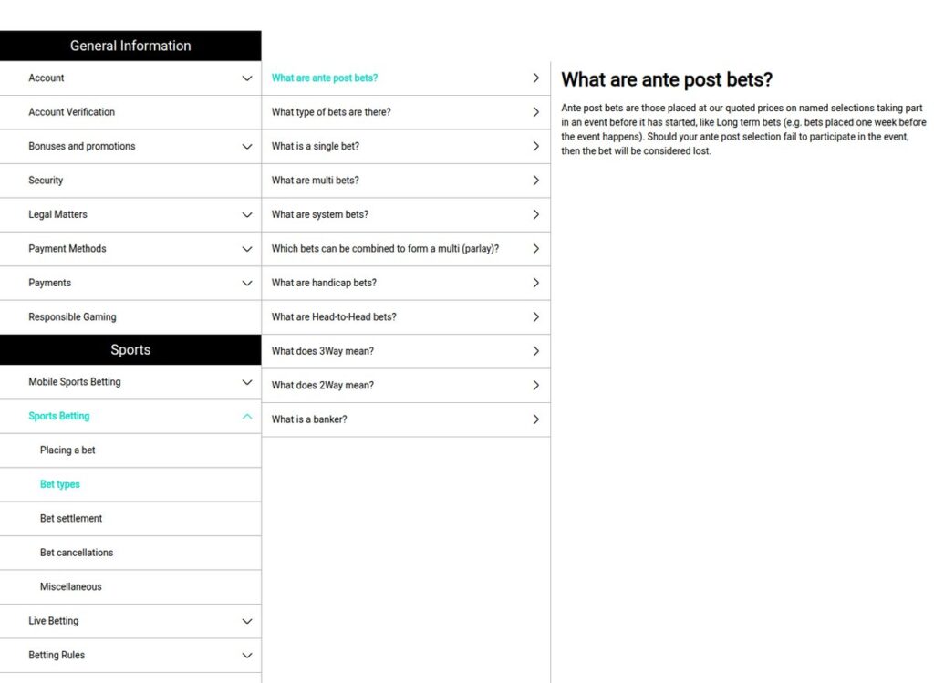 PartySports help centre listing its bet types, from single and multi to system, handicap and banker bets
