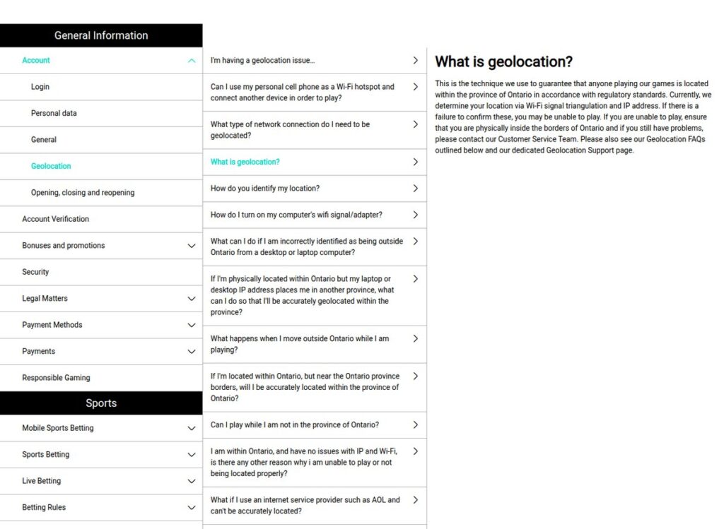PartySports help centre explaining that it locates players by Wi-Fi signal triangulation and IP address