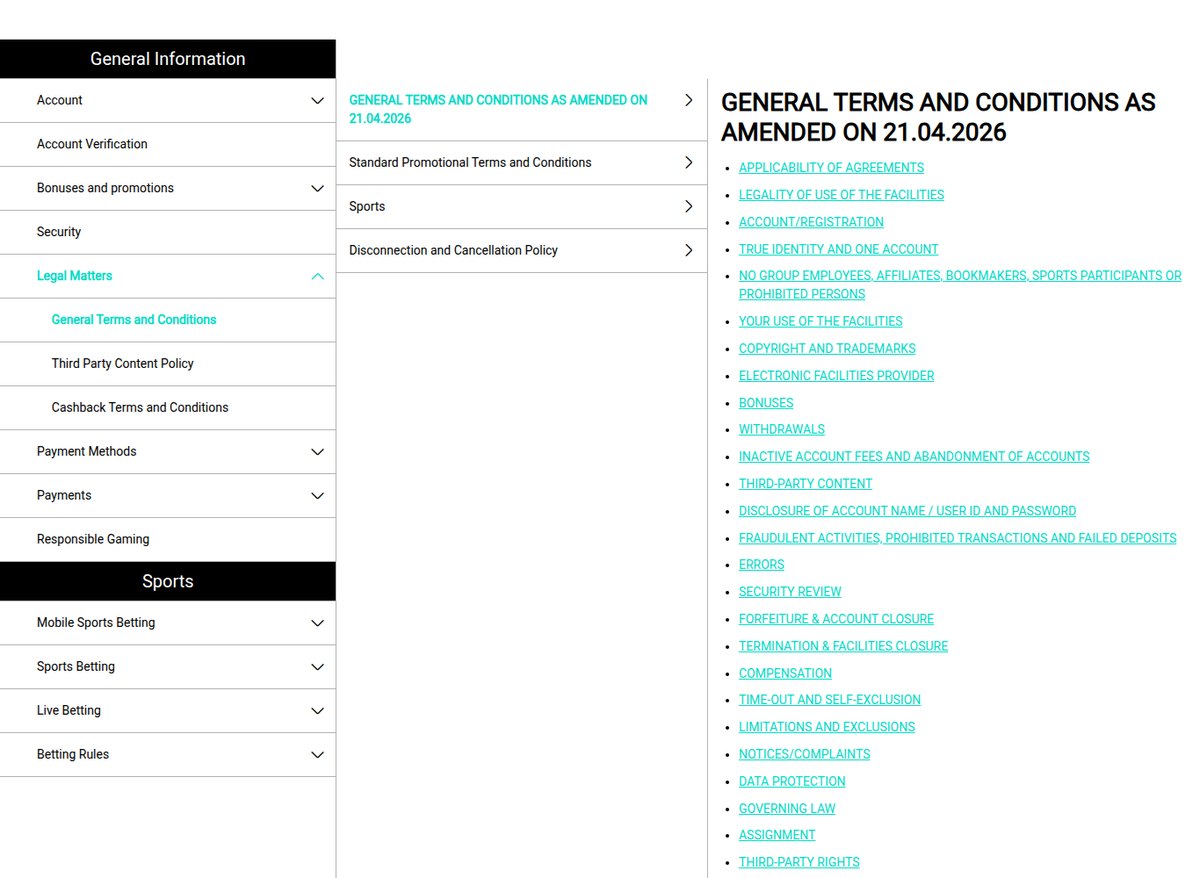 PartySports general terms and conditions page dated 21 April 2026 in the operator help centre