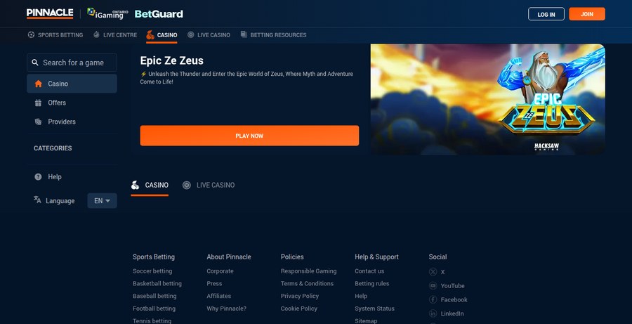 Pinnacle Ontario casino lobby on the casino subdomain with Casino and Live Casino tabs and a Providers menu item