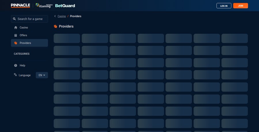 Pinnacle Ontario casino Providers page showing the grid of game studios available in the province