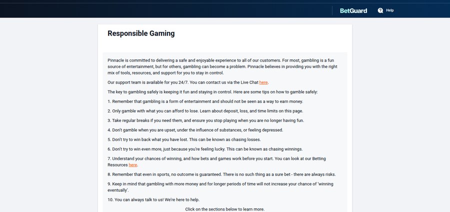 Pinnacle Ontario responsible gaming page listing the eleven self-assessment questions the operator publishes