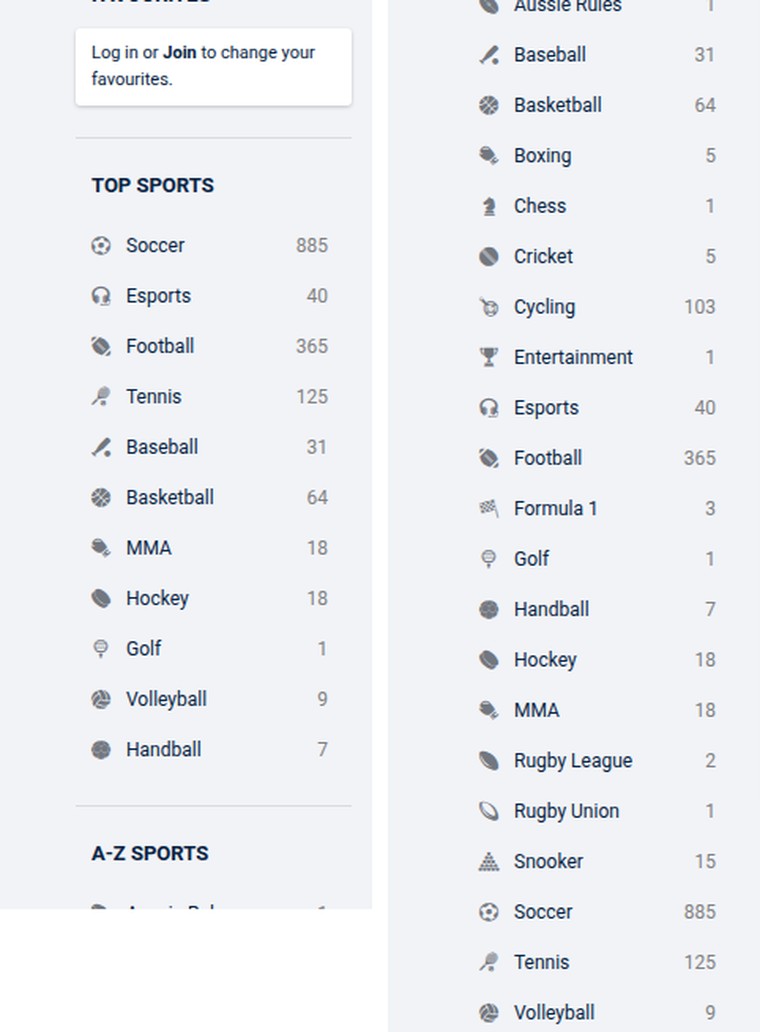 Pinnacle Ontario sports rail listing 21 sports with live event counts, soccer at 885 and hockey at 18