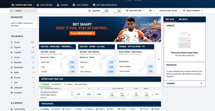 Pinnacle Ontario sportsbook lobby showing soccer, basketball and tennis boards with event counts beside each sport