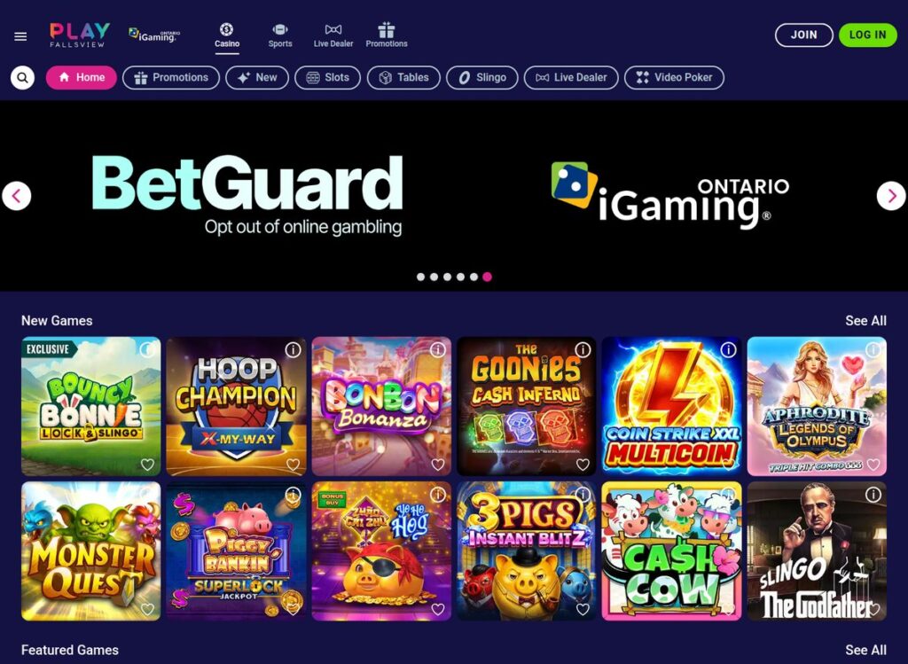 Play Fallsview Ontario casino lobby with the BetGuard and iGaming Ontario banner above the new games row
