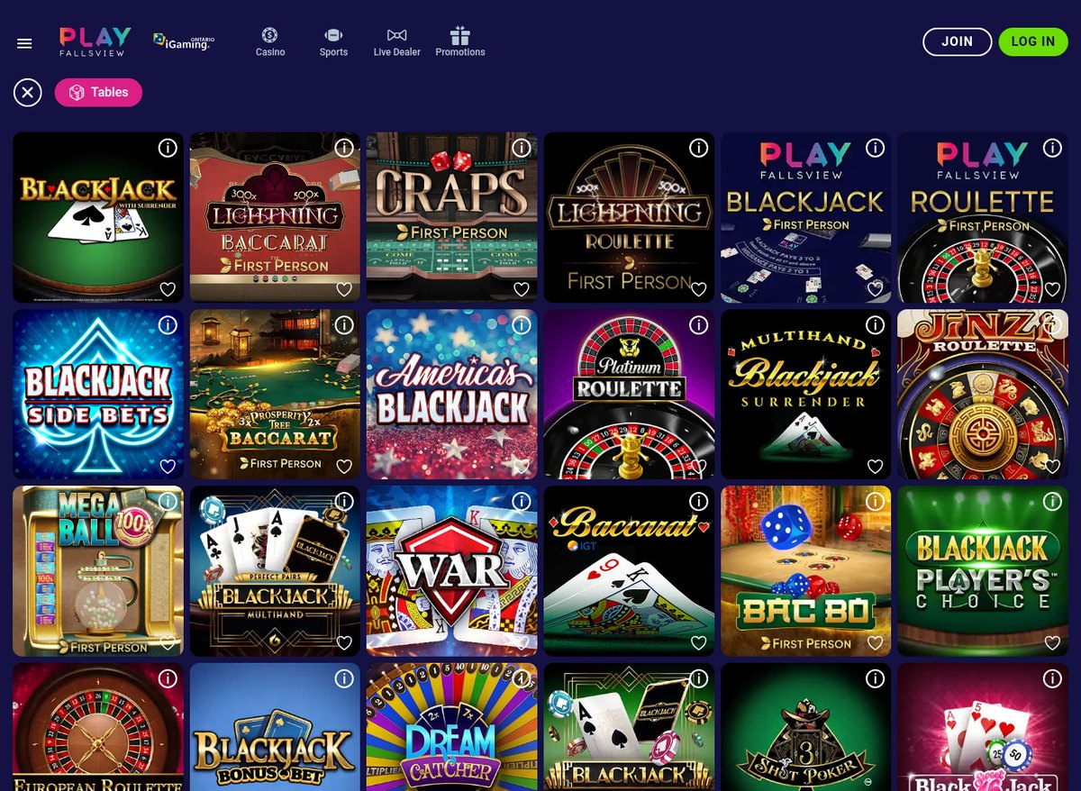 Play Fallsview table games page with Play Fallsview branded blackjack and roulette alongside First Person and Lightning titles