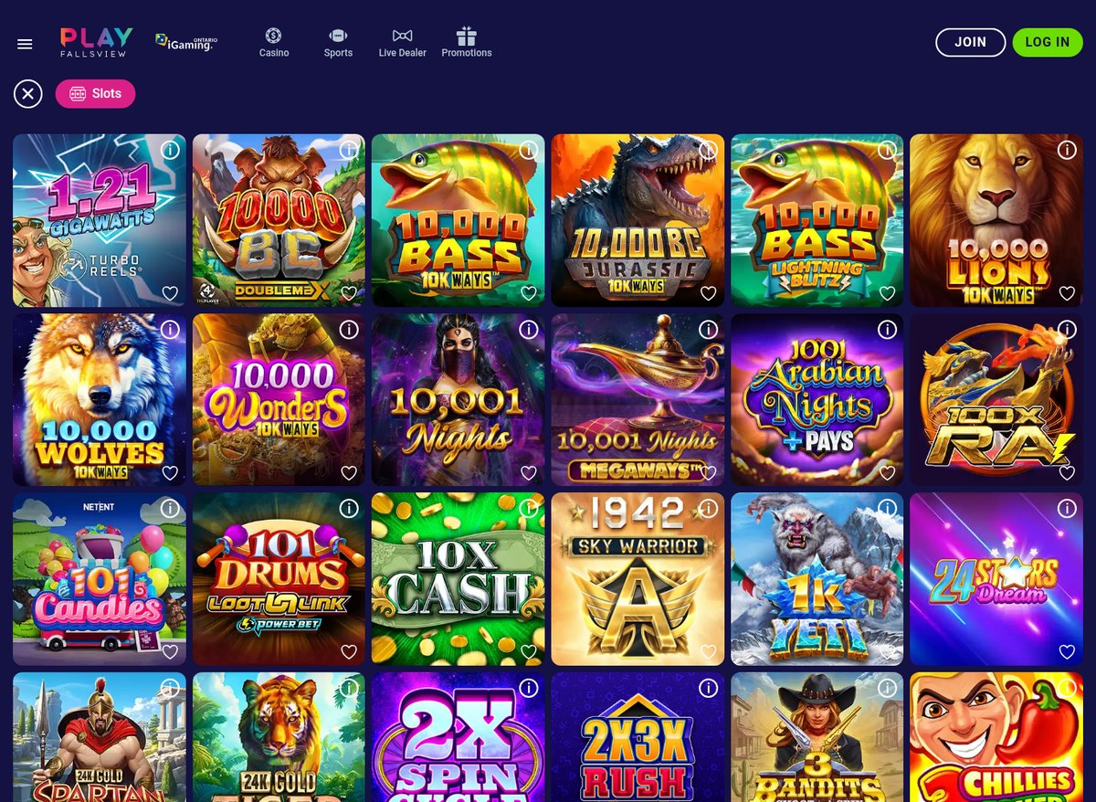 Play Fallsview online slots page listing titles alphabetically from 1.21 Gigawatts to 3 Bandits