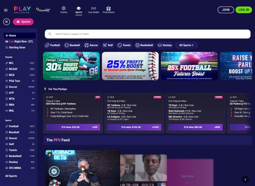 Play Fallsview sportsbook tab showing football, baseball and soccer markets