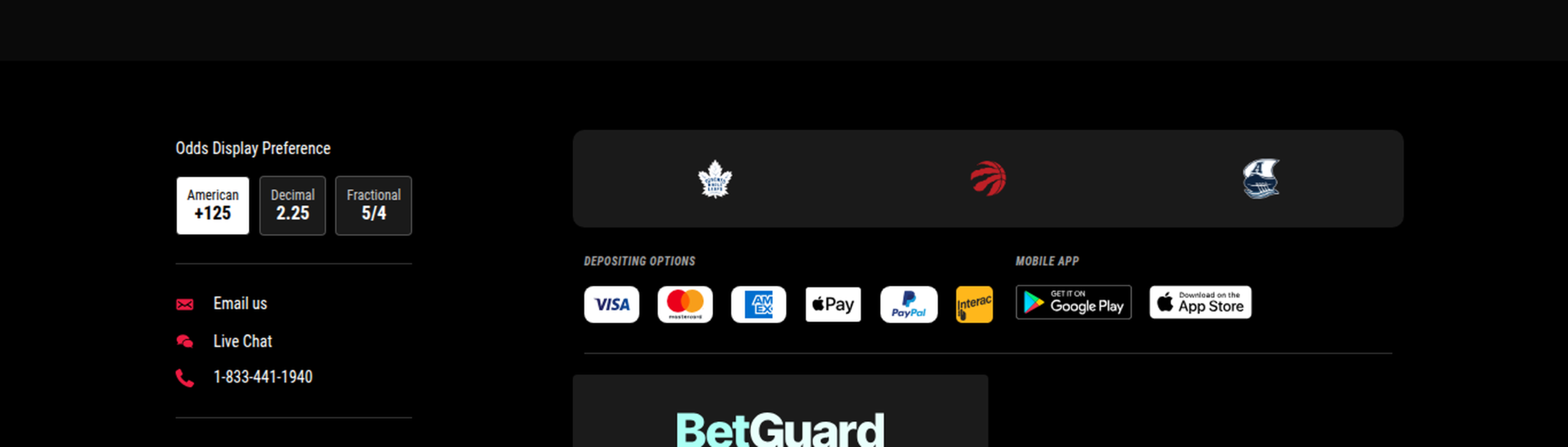 PointsBet Ontario footer showing six depositing options: Visa, Mastercard, American Express, Apple Pay, PayPal and Interac