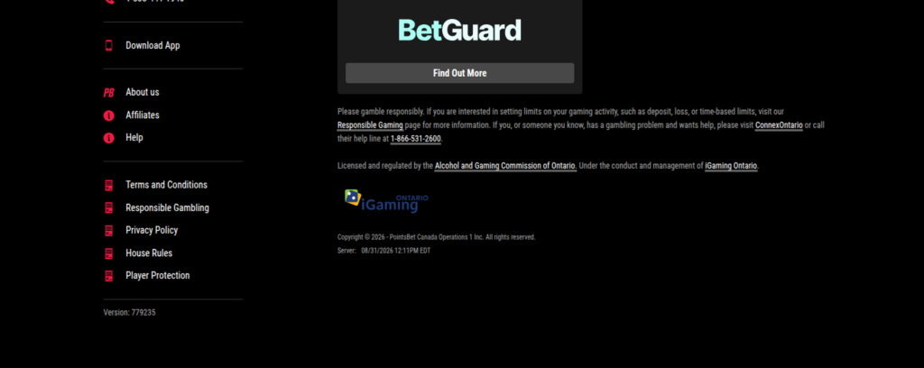 PointsBet Ontario footer confirming AGCO regulation and iGaming Ontario conduct and management