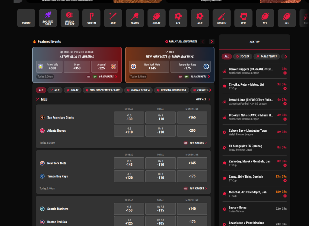 PointsBet Ontario sportsbook lobby captured on a Canadian IP in August 2026