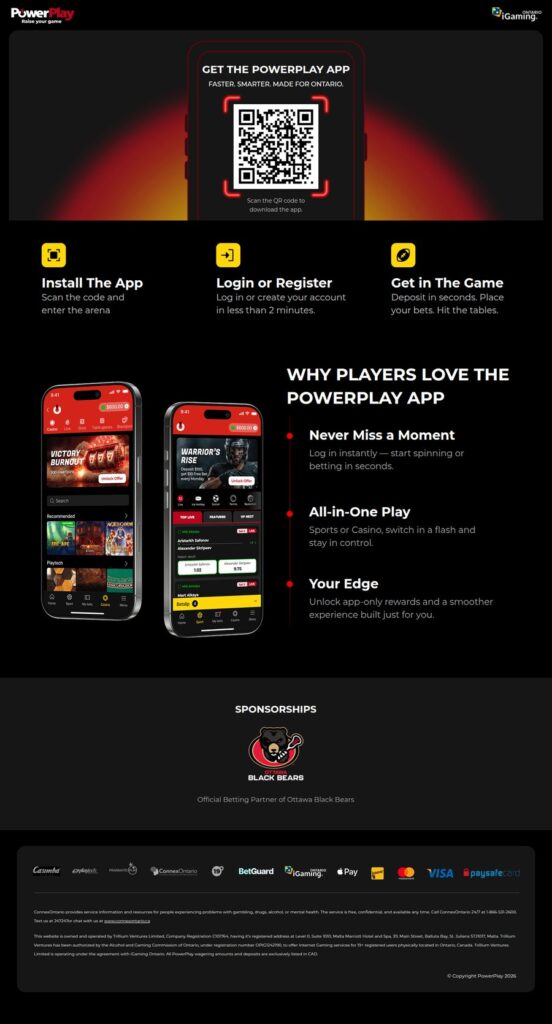PowerPlay Ontario app install page with QR code and sponsorship of the Ottawa Black Bears