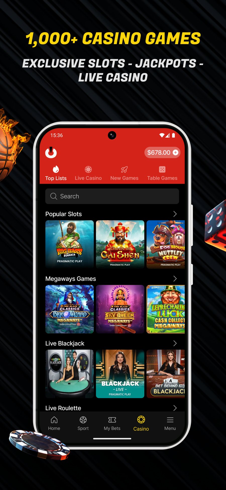 PowerPlay Ontario casino lobby showing popular slots, Megaways games and live blackjack tables