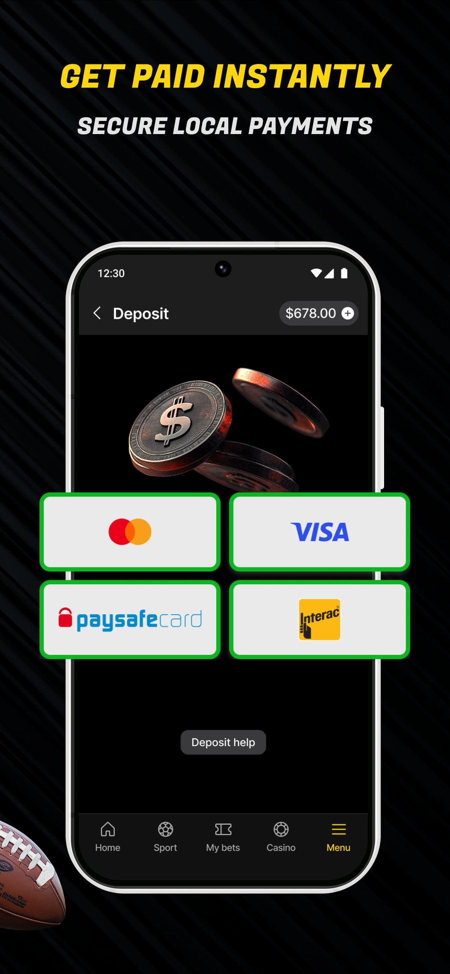 PowerPlay Ontario deposit screen showing Mastercard, Visa, paysafecard and Interac