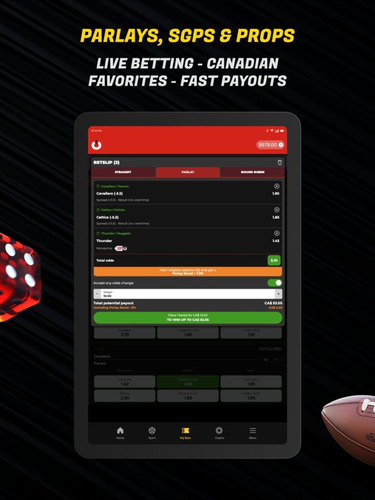 PowerPlay Ontario app bet slip with parlay and same game parlay options