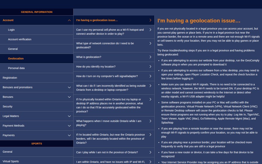 Sports Interaction Ontario geolocation help article explaining GeoComply checks and VPN restrictions