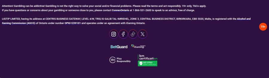 TonyBet Ontario footer showing Ligtip Limited registered with the AGCO under OPIG1239101 and the iGaming Ontario and BetGuard seals
