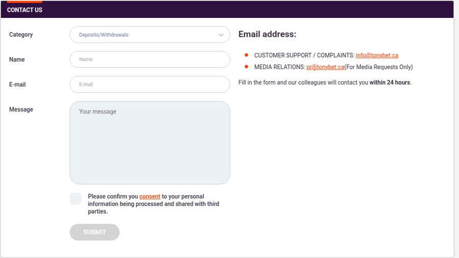 TonyBet Ontario contact page showing the support email address and the 24 hour reply commitment