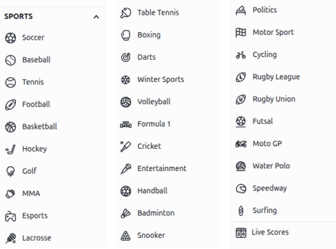 The Betano Ontario sports sidebar, one of the two widest boards we counted in the province at 30 sports.