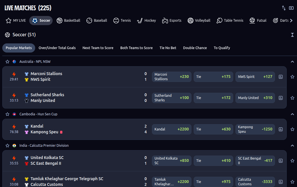 The Betano Ontario in-play board showing 225 live matches across eleven sports on 2 September 2026.