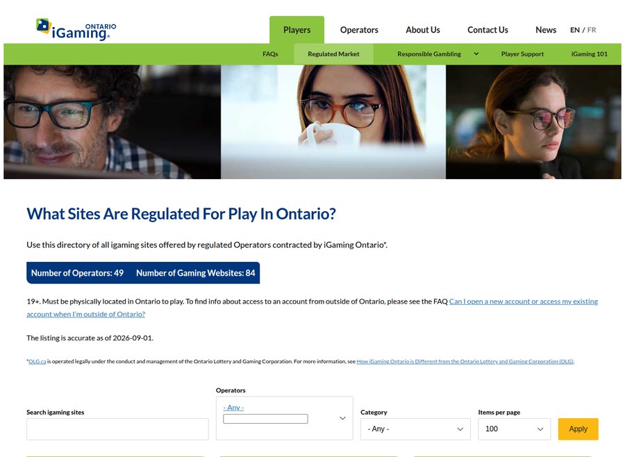iGaming Ontario directory of regulated sites listing 49 operators and 84 gaming websites, the register where Betinia is listed