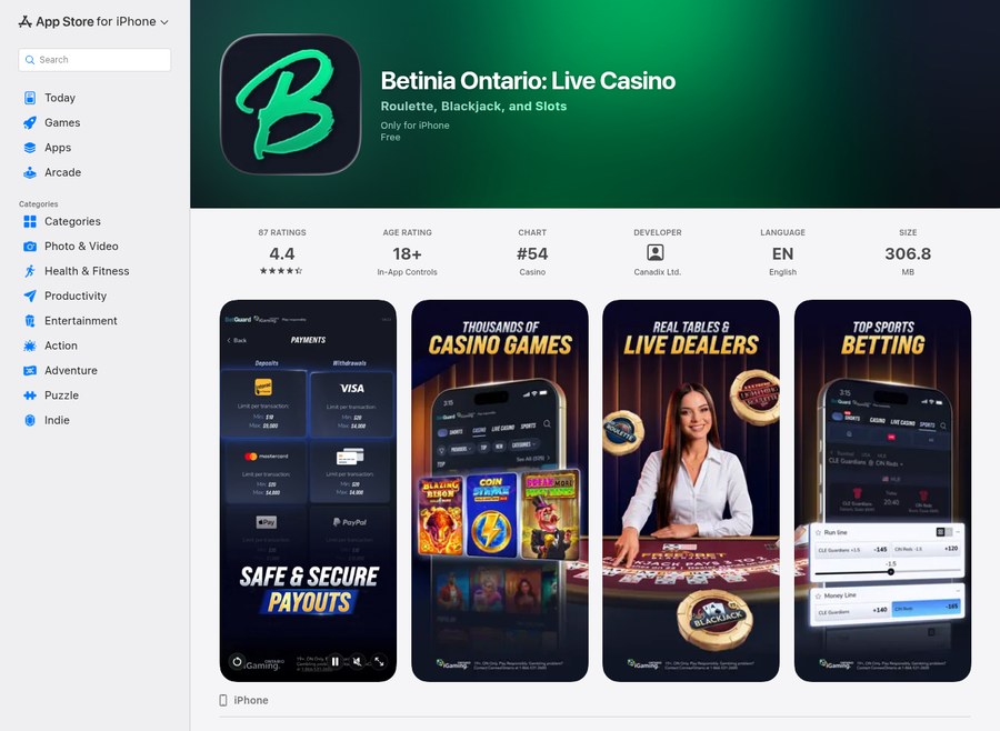 Betinia Ontario Live Casino app listing on the Canadian App Store showing a 4.4 rating from 87 ratings, an 18 plus age rating and a 306.8 MB size