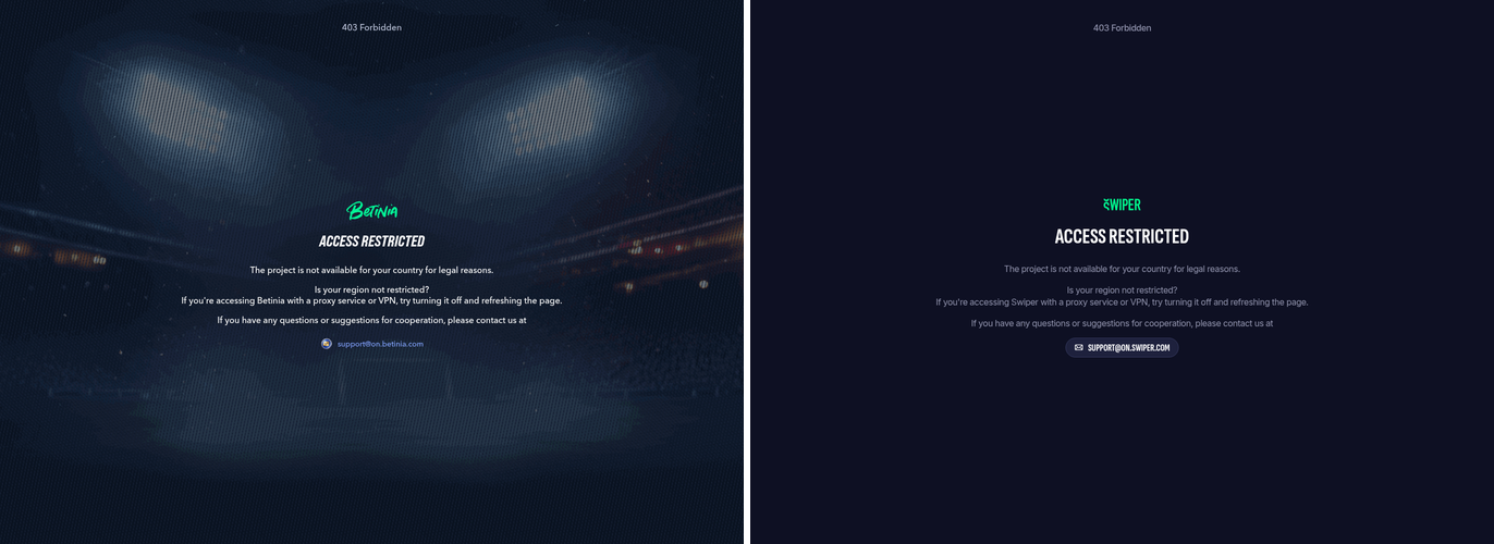 Betinia and Swiper Ontario sites side by side, both showing an identical Access Restricted page.