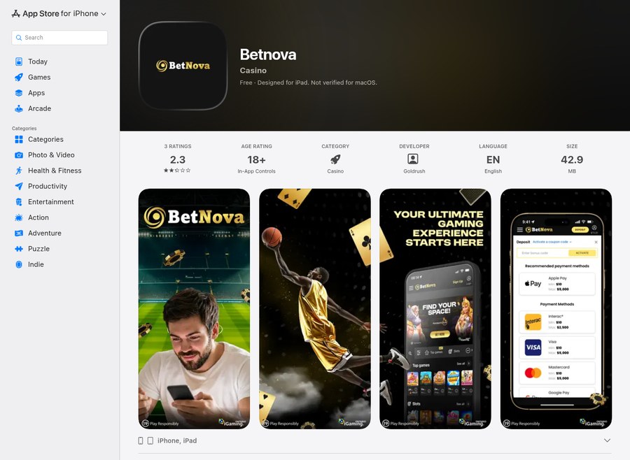 BetNova app listing on the Canadian App Store showing a 2.3 rating, an 18 plus age rating, the casino category and a 42.9 MB download