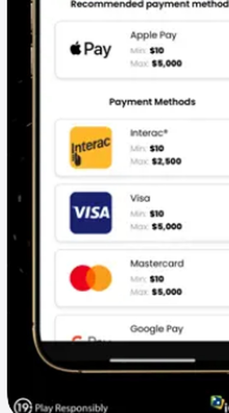 BetNova deposit screen showing Apple Pay, Interac, Visa, Mastercard and Google Pay with a ten dollar minimum on each and maximums of five thousand and two thousand five hundred dollars