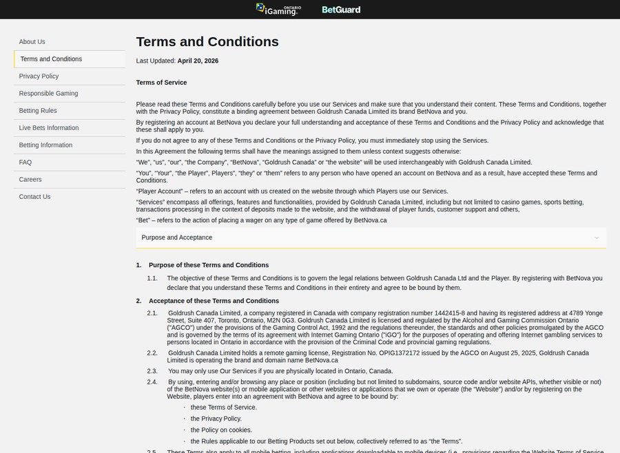 BetNova Ontario terms and conditions page naming Goldrush Canada Limited as operator, dated 20 April 2026, with the iGaming Ontario and BetGuard seals