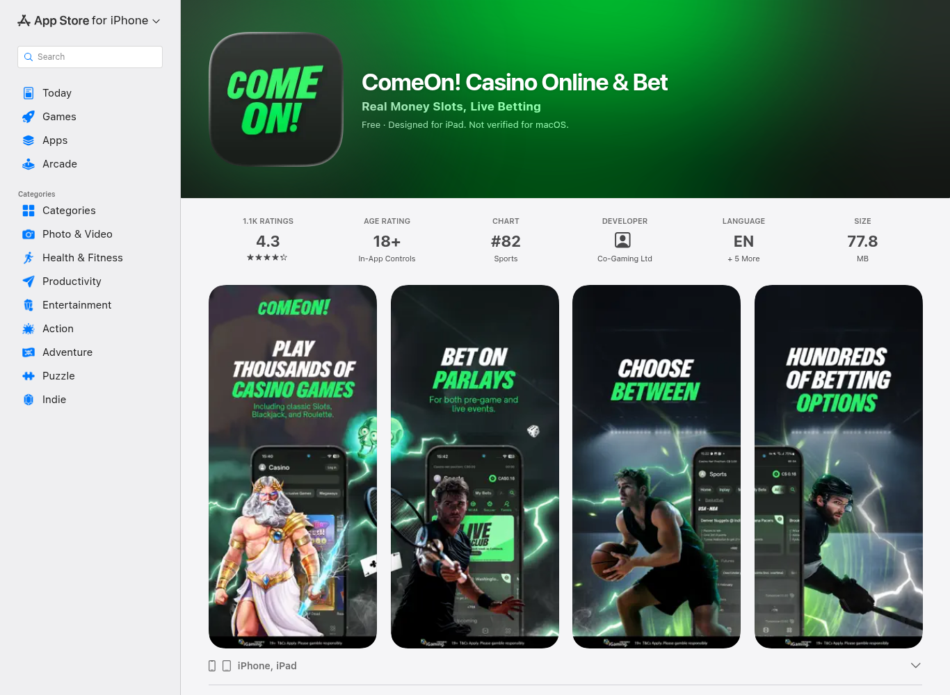 ComeOn Casino Online and Bet on the Canadian App Store showing 4.3 stars, an 18+ rating and betting screens