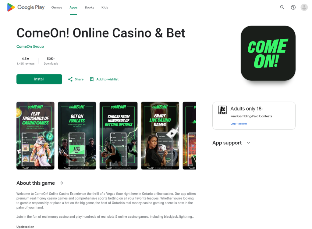 ComeOn! Online Casino & Bet listing on the Canadian Google Play store