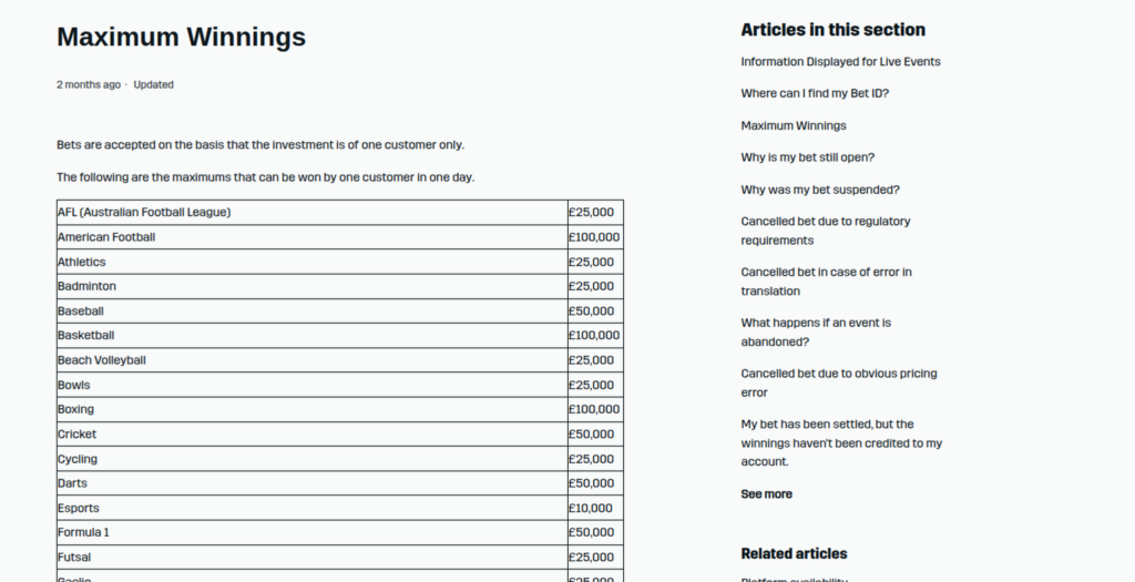 DAZN Bet Canadian help centre article listing maximum winnings per sport in pounds sterling