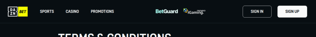 DAZN Bet Ontario site header showing the sports and casino menu with the iGaming Ontario and BetGuard marks