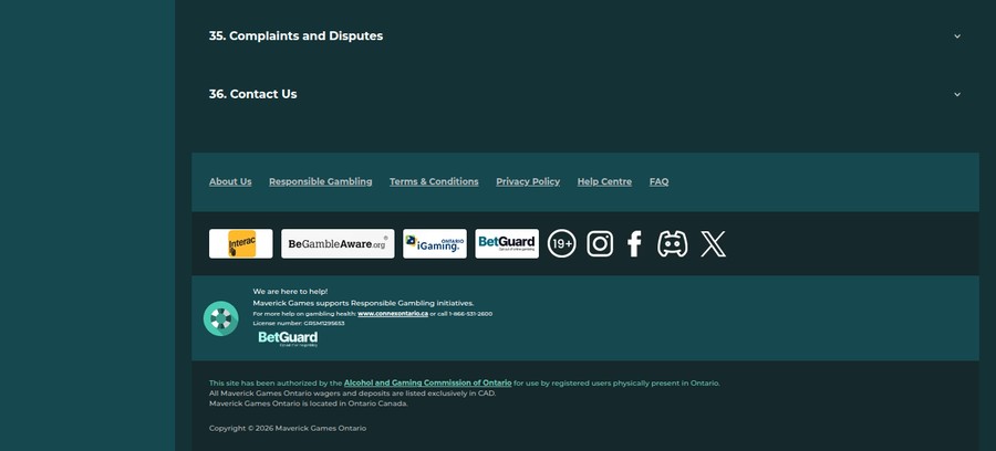Maverick Games Ontario footer showing licence number GRSM1295653, the Interac logo, and the iGaming Ontario and BetGuard seals