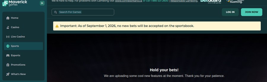 The Maverick Games Ontario sports tab showing the 1 September 2026 notice that no new bets will be accepted, above a message saying the sportsbook is unavailable