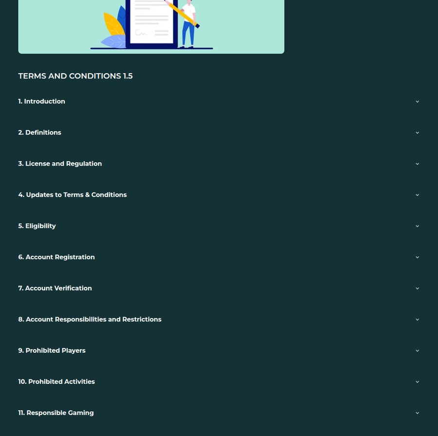 Maverick Games terms and conditions version 1.5 showing numbered sections as closed accordions that each need a click to open