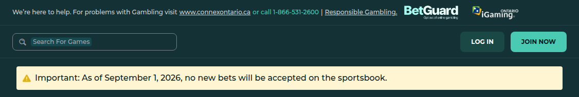 Notice on the Maverick Games Ontario site reading: Important: As of September 1, 2026, no new bets will be accepted on the sportsbook.