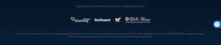 A regulated Ontario sportsbook footer stating it is licensed by the AGCO with registration number OPIG1226485 for users 19 or older physically located in Ontario