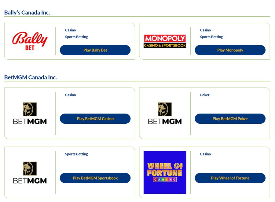 The iGaming Ontario register showing Bally's Canada Inc. with two sportsbooks and BetMGM Canada Inc. with four separately registered sites