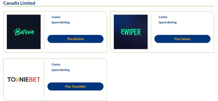 The iGaming Ontario register showing Canadix Limited with three separate sportsbooks listed under one company: Betinia, Swiper and ToonieBet