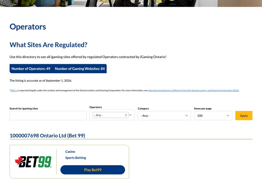 The iGaming Ontario operator directory showing 49 operators and 84 gaming websites, accurate as of September 1, 2026, with Bet99 listed under the company 1000007698 Ontario Ltd