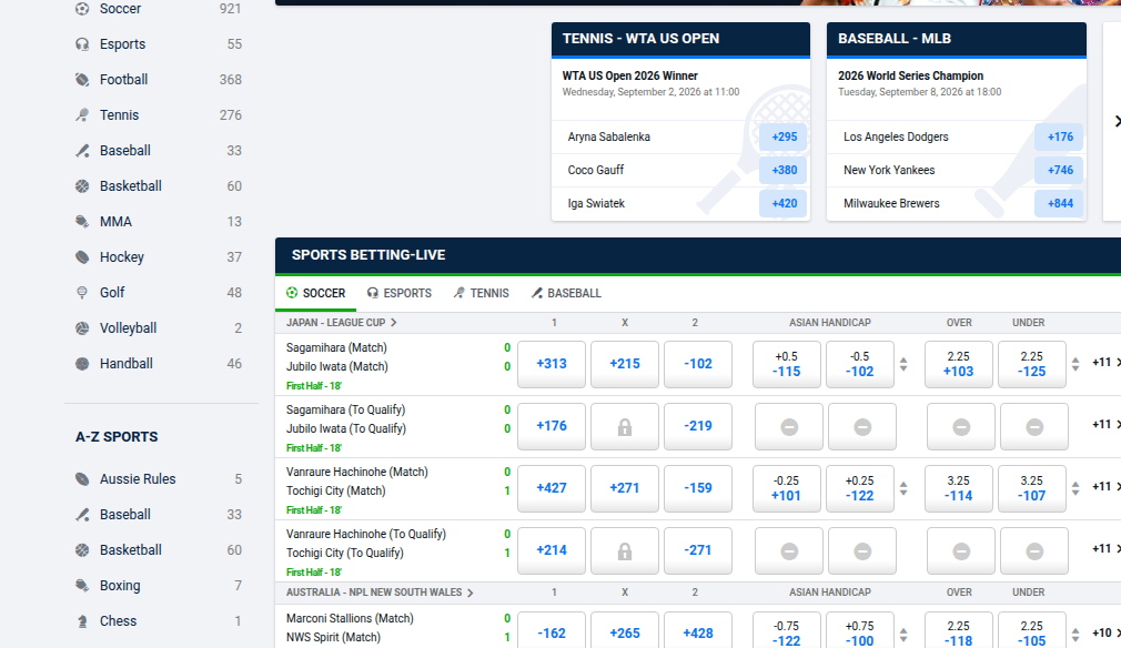 Pinnacle's Ontario live section on 2 September 2026, showing only four sports in play beside a board rail listing 921 soccer events.