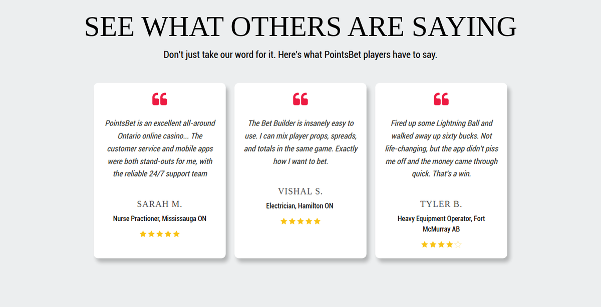 PointsBet Canada corporate site testimonials including one from a player in Fort McMurray, Alberta