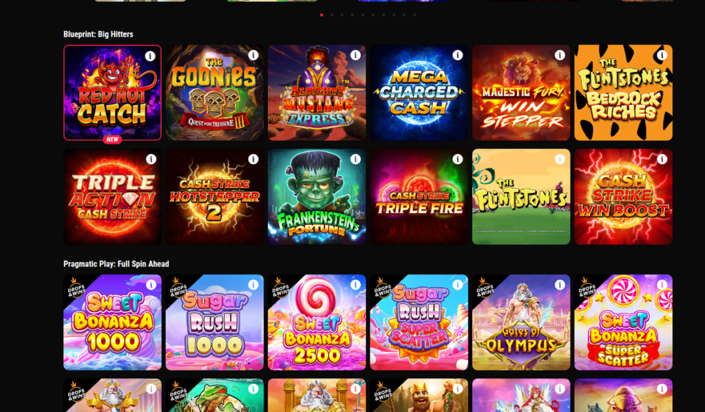PointsBet Ontario casino lobby with shelves grouped by game studio, Blueprint and Pragmatic named above their rows