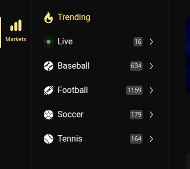 An Ontario betting menu labelled Markets, with counts beside each sport: football 1,159, baseball 634, soccer 179, tennis 164 and 16 live