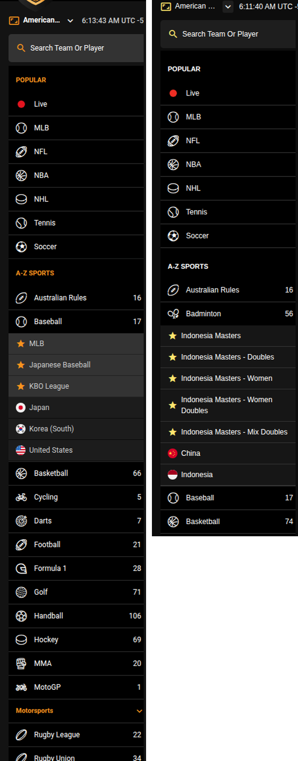 The sports rails of Titan Play and BetNova side by side, showing identical layout and identical event counts.