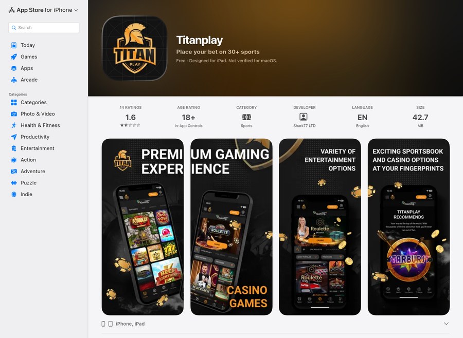Titan Play app listing on the Canadian App Store showing a 1.6 rating, an 18 plus age rating and the 34 plus sports tagline