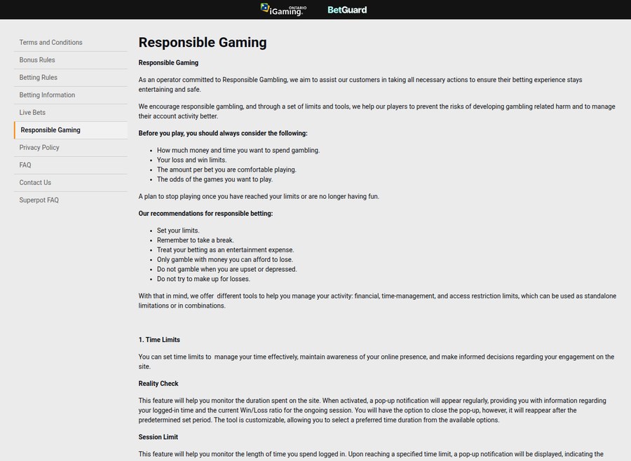 Titan Play responsible gaming page listing time limits, reality check and session limit tools alongside the legal pages menu